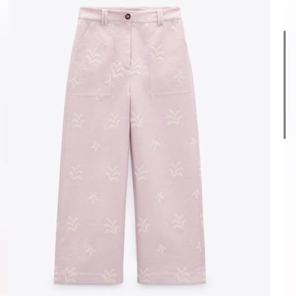 ZARA EMBROIDERED LINEN BLEND PANTS - Picture 9 of 11
